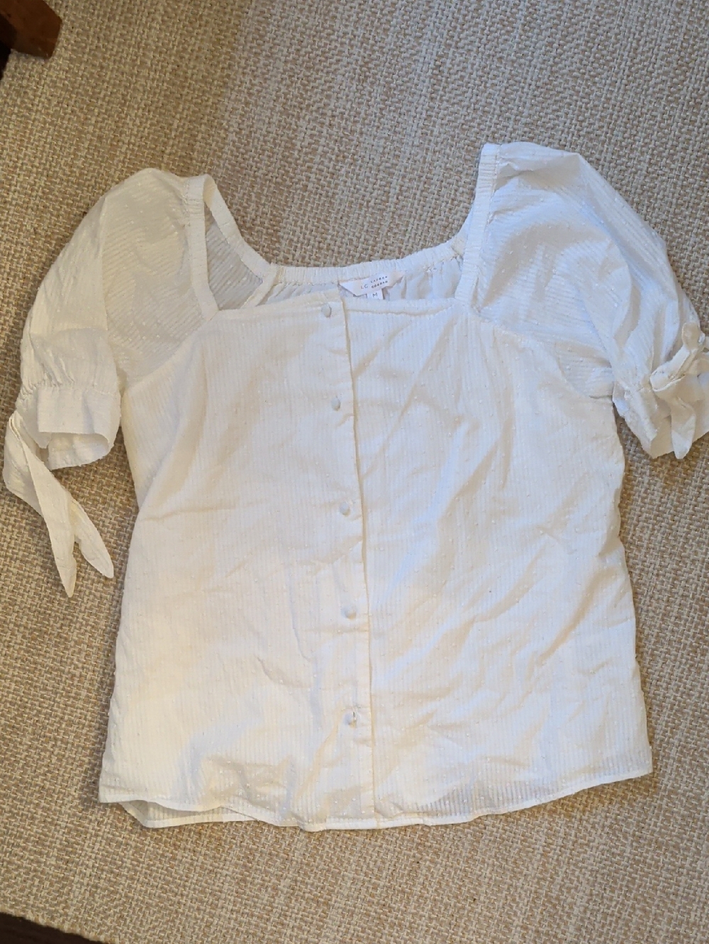 LC Lauren Conrad White Eyelet Square-Neck Button Front Blouse Puffy Sleeve